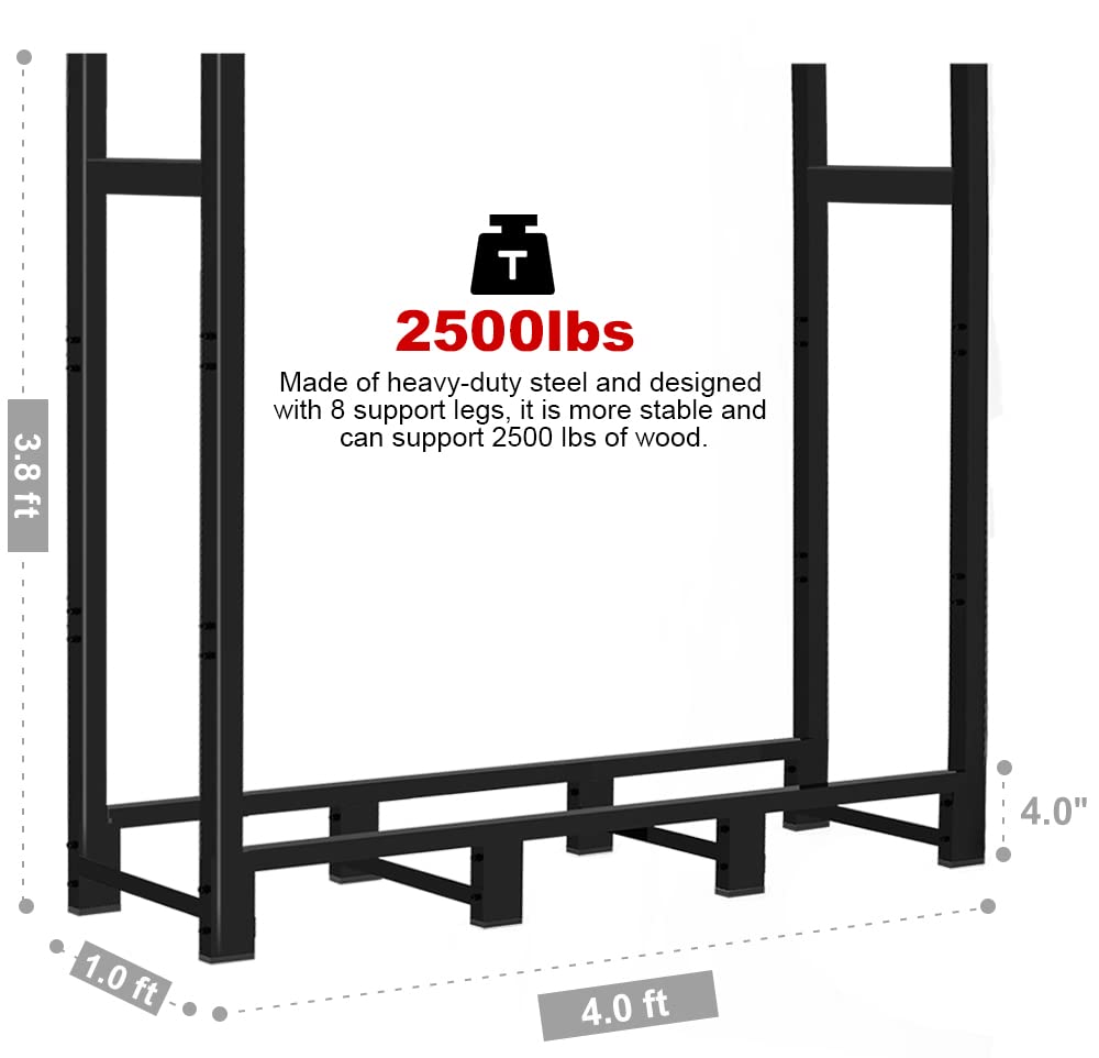 Khordin 4ft Firewood Rack Adjustable Heavy Duty Fire Wood Stand Holder for Outdoor Indoor Fireplace Log Storage, Metal Lumber Stacker Organizer, Black