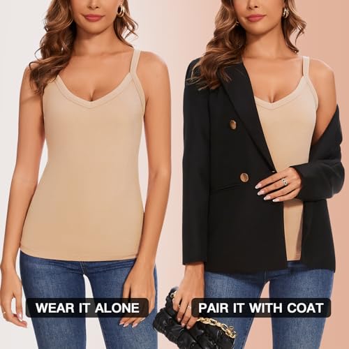 WOWENY Thermal Fleece Tank Top for Women V Neck Sleeveless Shirts Camisole Warm Base Layer Cami Vest Underwear Tops