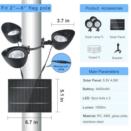 Solar Flag Pole Light 3 Super-Spotlights LEDs, Adjustable Metal Clamps Fits 2-6''Flag Poles, IP65 Waterproof Outdoor Solar...