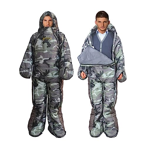 72" Large Wearable Human Sleeping Bag Zipped Foot Opening Design Free Size Ultralight Hoodie Quilted Warm Thermal Coat for...