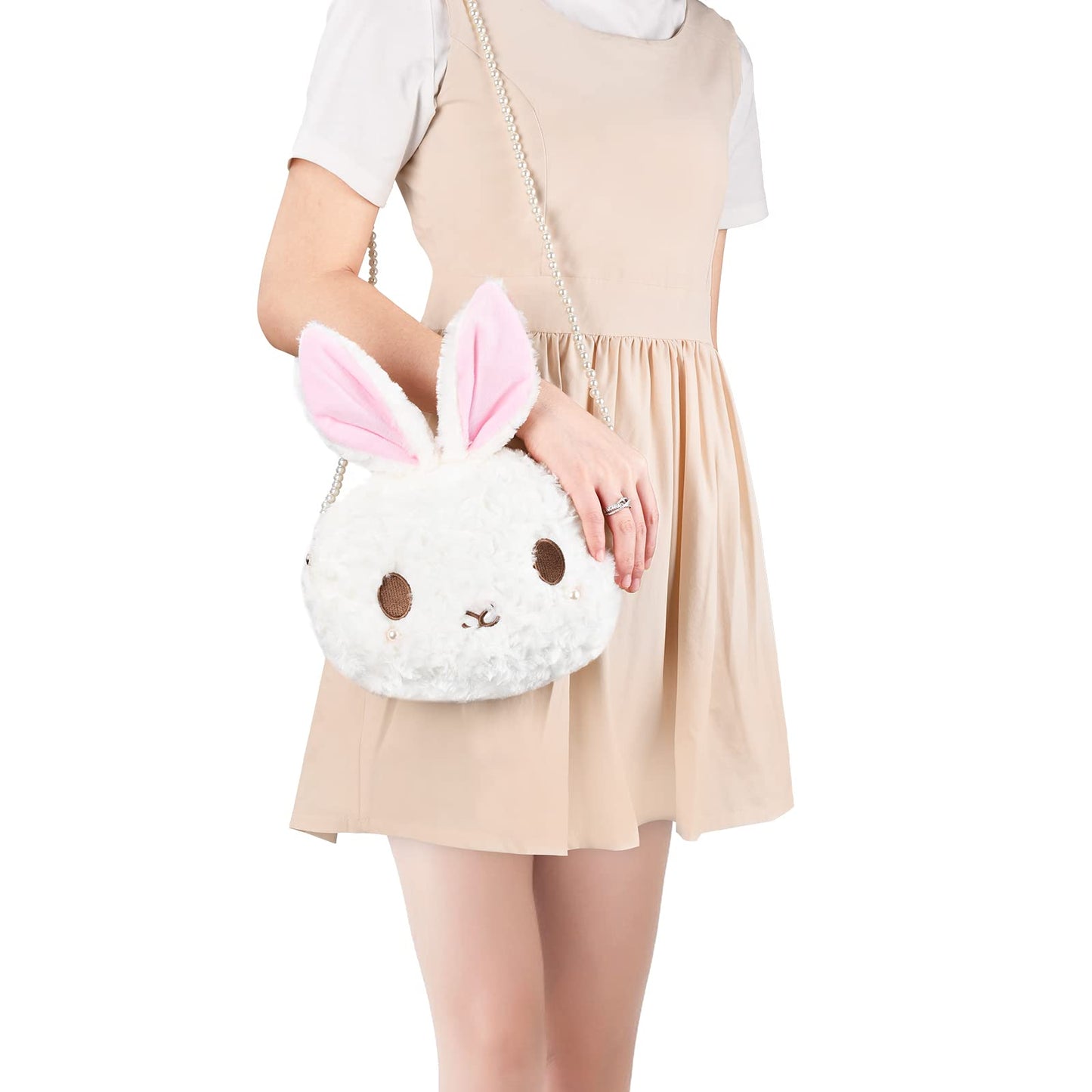kawaii bunny Crossbody bag,cartoon Plush Rabbit wallets,cute Lolita Handbag for women, Lovely Fluffy animal purse (pearl chain) white