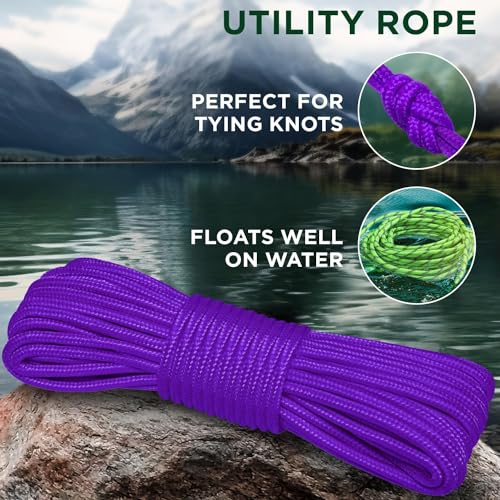 TECEUM Rope – 90 Feet x 1/4 Inch (7mm) – Purple – Strong All-Purpose Utility Rope – Camping, Crafting, Flag Pole, Indoor &...