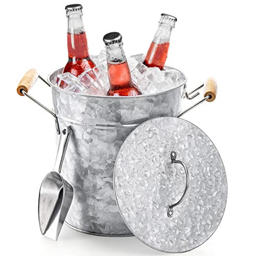 Frcctre Farmhouse 4 Liter Ice Bucket with Lid, Galvanized Metal Beverage Tub with Scoop and Handles, Drink and Wine Chille...