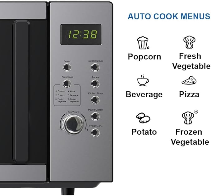 Emerson MW9005SS Compact Countertop Microwave Oven with Push Button Control, LED Display, 900W, 5 Power Levels, 6 Auto Menus, Glass Turntable and Child Safe Lock, 0.9 Cu. Ft., Stainless Steel