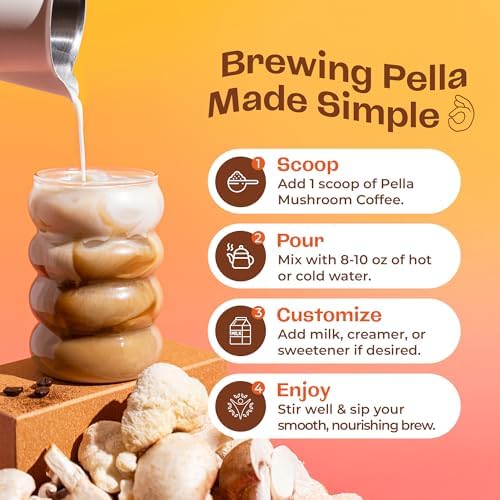 Pella Nutrition Organic Mushroom Instant Coffee (60 Servings) with 7 Superfood Mushrooms, Great Tasting, Includes Lion's Mane, Reishi, Chaga, Cordyceps, Shiitake, Maitake, and Turkey Tail