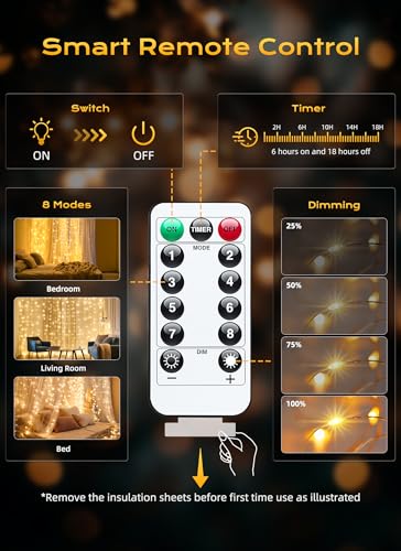 Brightown 300 LED Fairy Curtain Lights, 9.8ft x 9.8ft Warm White Curtain String Lights, USB Plug in 8 Lighting Modes Chris...