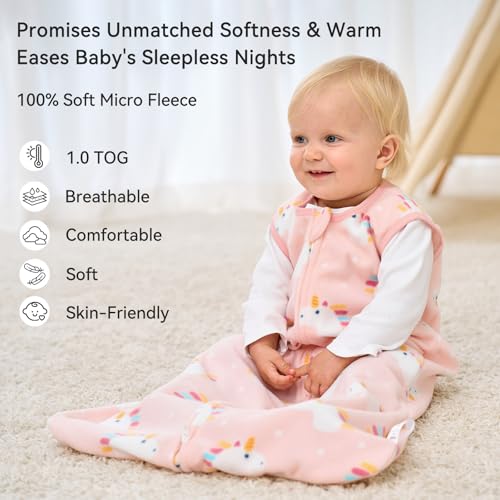 Unnivoll Fleece Baby Sleep Sack 6-12 Months 1.0 Tog Baby Wearable Blanket Microfleece Sleeping Sack with 2-Way Zipper for ...