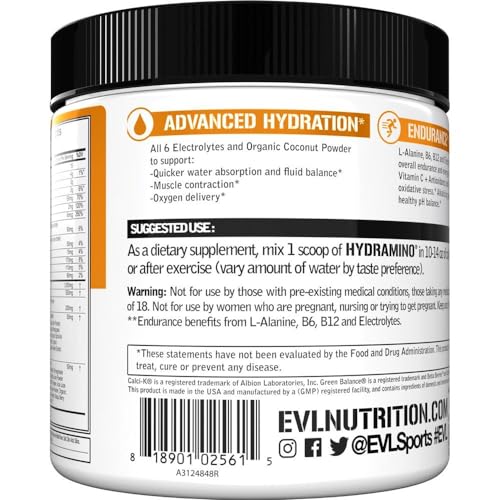 Evlution Nutrition HYDRAMINO Complete Hydration Multiplier, All 6 Electrolytes, Vitamin C & B, Fluid Boosting Aminos, Coco...