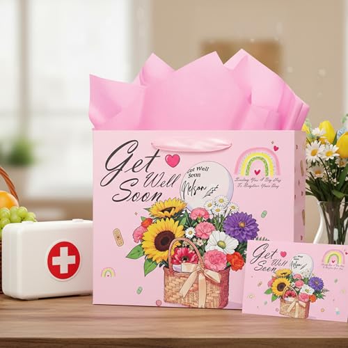 NIUBEHOHO Get Well Soon Gift Bag - Large Pink Flowers Gift Bag for Women Men with Wrapping Tissue Paper Self Care Card Aft...
