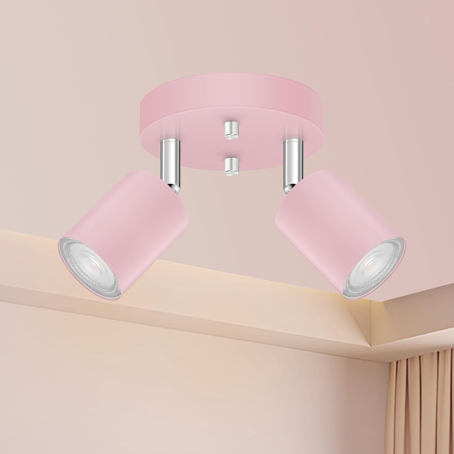 Bricosmocon 2 Light Track Lighting Fixtures Ceiling  Pink Round Directional Spotlight Fixtures  Gu10 Flush Mount Ceiling Fixture  Adjustable Modern Led Track Light For GirlS Room  Bulb Not Included