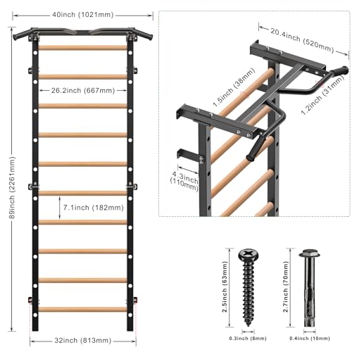 Kipika Gymnastic Stall Bar - 2"x2" Swedish Ladder with 1" Hole, Wall Mounted Pull-up Bar Ladder Suspension Trainer, Solid ...