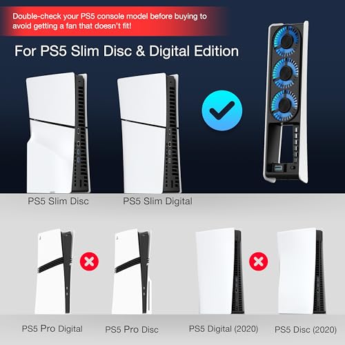 JUSPRO Cooling Fan for PS5 Slim, Upgraded Quiet Cooler Fan with LED Light for PS5 Slim Console Digital & Discs Edition