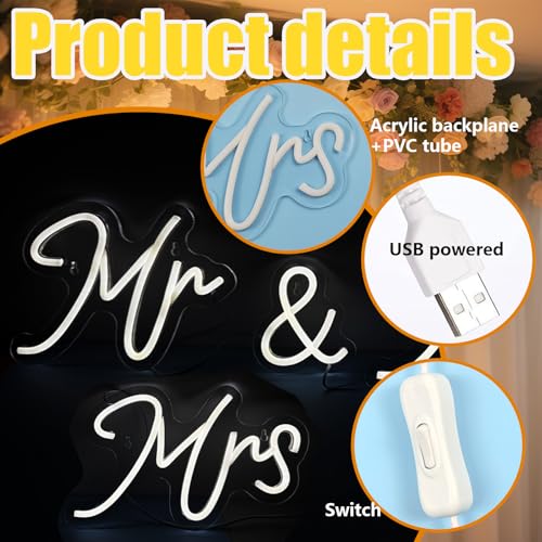Mr and Mrs Neon Sign for Wedding Neon Light LED Backdrop Wall Decor USB Wedding Reception Decoration Gifts for Anniversary...