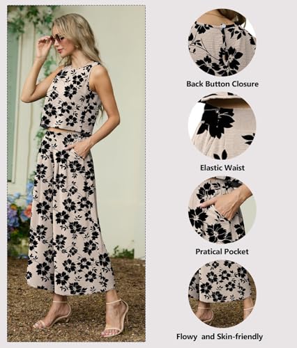 Lepunuo Womens Summer 2 Piece Outfits Sleeveless Crop Top Flowy Wide Leg Pants Matching Sets Vacation Beach Travel Outfits