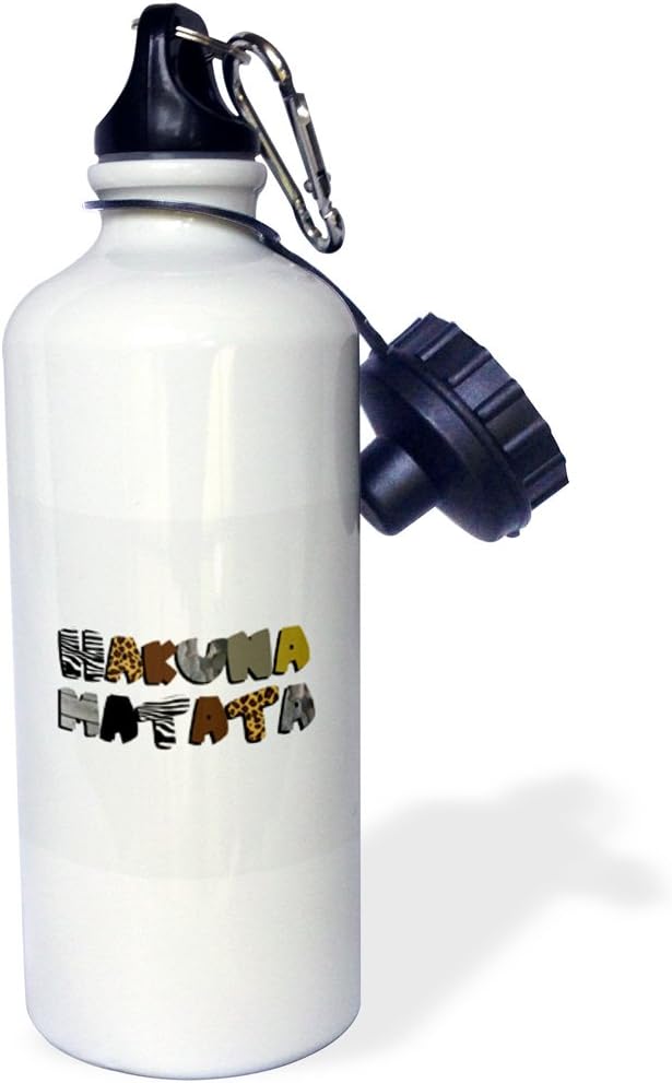 3dRose Hakuna Matata Swahili African Pattern Typography No Worries Zebra Leopard Print Black White Brown Sports Water Bottle, 21 oz, White
