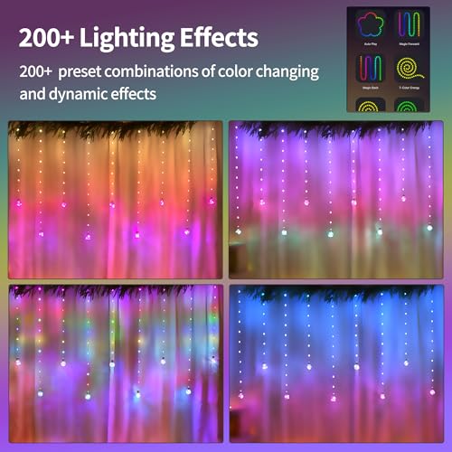 Color Changing Wishing Ball Curtain Lights, 9.8 x 3.3 FT RGB LED Fairy Light with Remote App Control, Music Sync Window Ba...