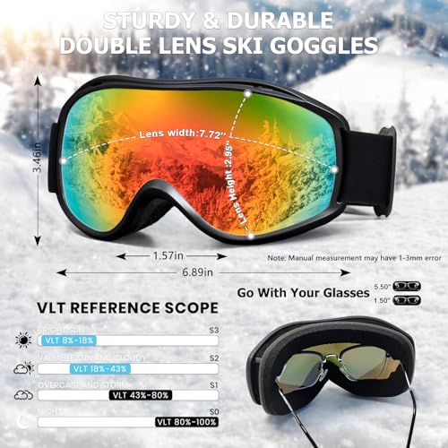 SPOSUNE OTG Ski Goggles Men Women, Over Glasses Anti Fog Snowboard Goggles, UV Protection Snow Goggles for Adult & Youth