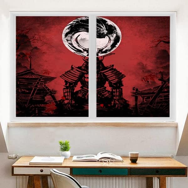 Japanese Samurai Window Film Abstract Vintage Samurai Blossom Dragon Full Moonstained Glass Window Film,Playroom Window Film,Nursery Window Film 35.4Wx78.7L-Inch X2Pcs