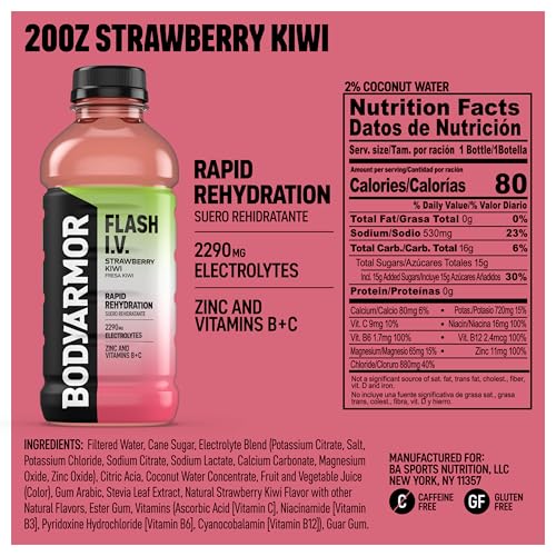 BODYARMOR Flash I.V. Electrolyte Beverage, Strawberry Kiwi, Hydration Drink with Coconut Water For Rapid Rehydration, Post...