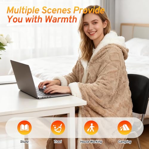 Heated Throw Blanket Wearable Battery Operated, 59" x 63" Cordless Portable Electric Blanket Wrap Poncho, Outdoor Heated S...