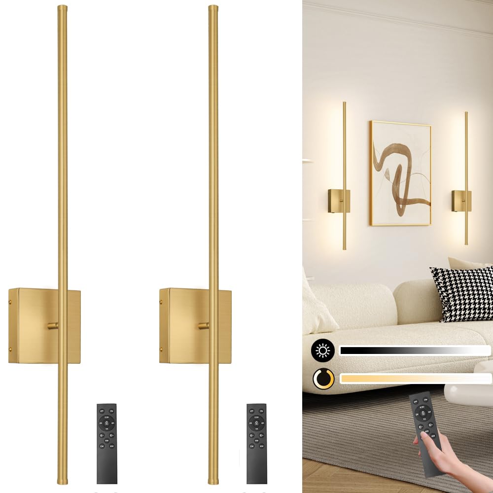 Ditoon Battery Operated Wall Sconce Set of 2, Dimmable Gold USB Rechargeable, 31.6in Wireless Metal Lighting