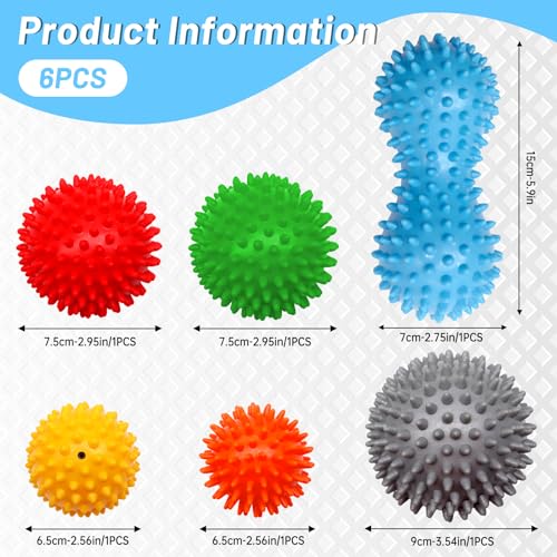 6-Pack Spiky Massage Balls Set, Hard/Medium/Soft Textured Muscle Roller Balls for Plantar Fasciitis Relief, Myofascial Rel...