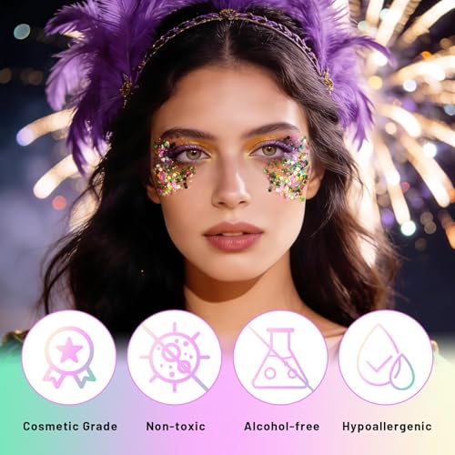 DAGEDA Mardi Gras Body Glitter Gel, Green Gold Purple Face Hair Glitter Carnival Accessories, Chunky Glitters for Mardi Gr...