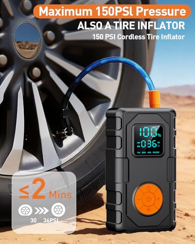 Jump Starter with Air Compressor, Car Battery Jump Starter (8.0 Gas/7.0L Diesel), Battery Jumper Starter Portable Jump Bo...