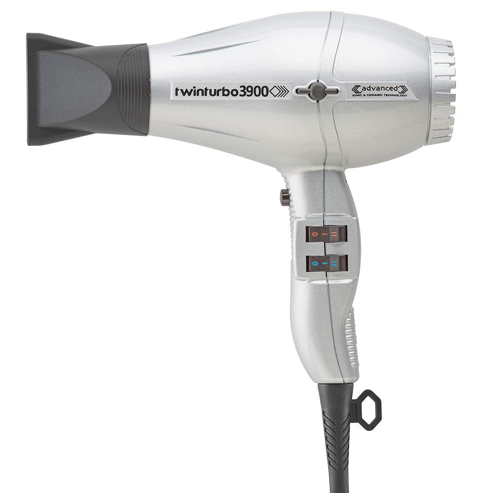 Turbo Power Twin Turbo 3900 Advanced Ionic & Ceramic Silver Hair Dryer + M Hair Designs Tangle Stop Cord Detangler (Bundle) - Fa