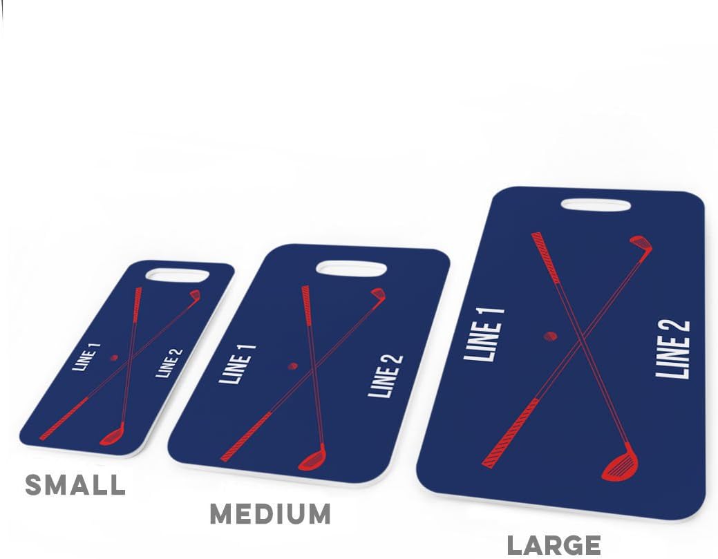 ChalkTalkSPORTS Golf Luggage & Bag Tag | Personalized Crossed Golf Clubs | Standard Lines on Back | Large | Navy/Red
