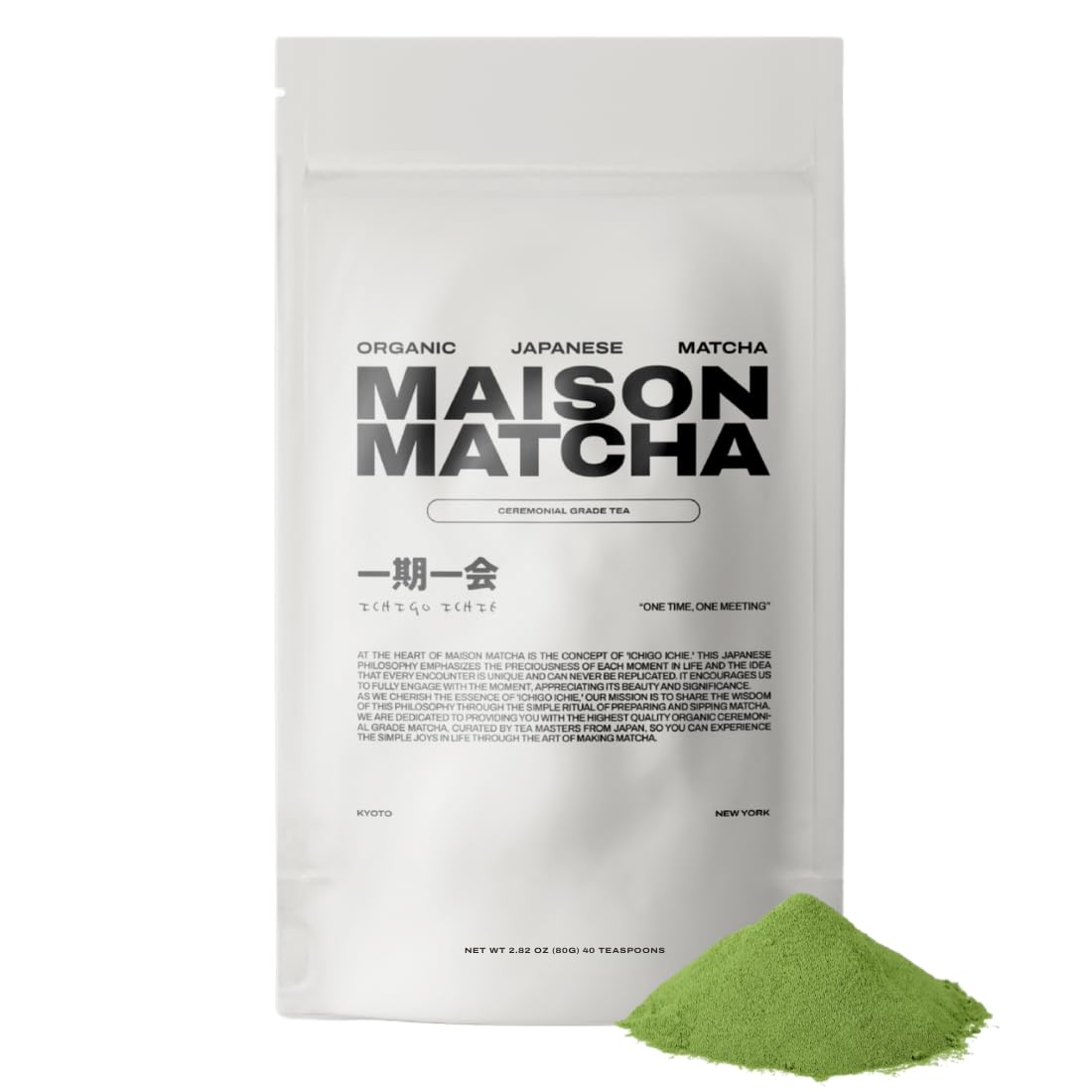 MAISON MATCHA Organic Ceremonial Grade Matcha Green Tea Powder - Authentic Japanese Matcha Latte Powder  Zero Sugar  Harvested in Japan (80g  2.82 oz Pouch)