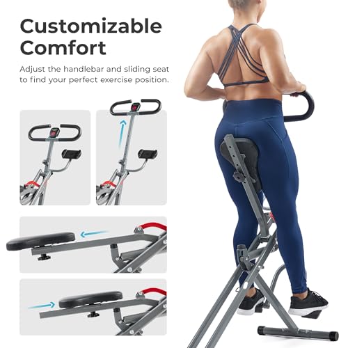 Sunny Health & Fitness Row-N-Ride PRO, Full Body Combo Squat Machine w/Optional Resistance Band, Easy Setup Ab Workout Exe...