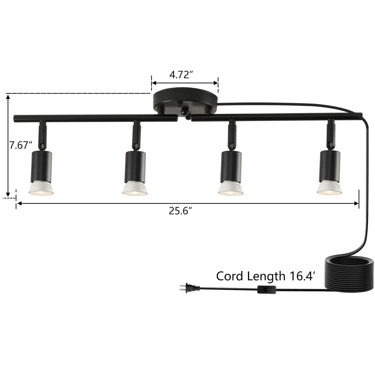Vivihobb Plug In Track Light Black 4 Light Plug In Ceiling Lighting Fixture With 16.4 Long Cord 4 Way Ceiling Spotlight Rotatable Wall Mount Light Head Bulbs Not Included