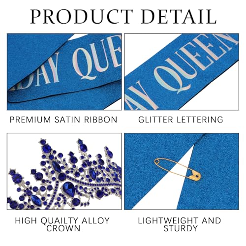 COCIDE Blue Birthday Queen Sash for Women Happy Birthday Crowns Princess Tiaras Sashes for Girl Crystal Party Decorations ...