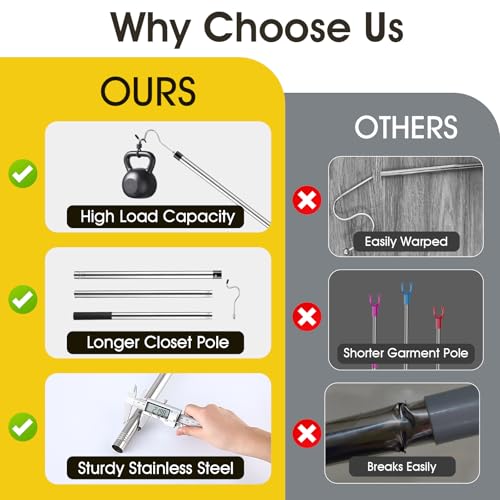 Clothes Hook Pole, Extendable from 35" to 50" Stainless Steel Closet Pole Reacher with S-Shaped Hook for Hanging Clothes, ...