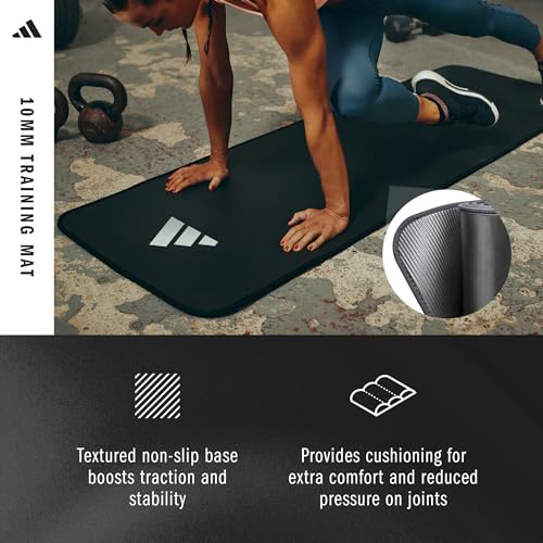 adidas 10mm Extra Thick Training Mat with Carrying Strap and Non-Slip Textured Base - Cushioned Workout Mat for Home Gym, ...