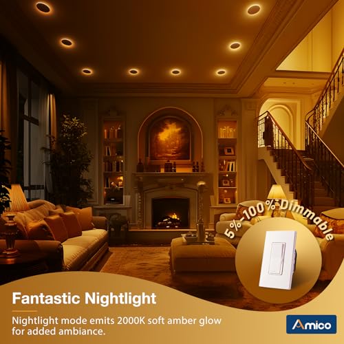 Amico 12 Pack 4 Inch 5CCT LED Recessed Ceiling Light with Night Light, 2700K/3000K/3500K/4000K/5000K Selectable Ultra-Thin...