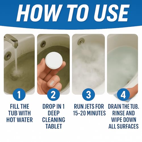 Jetted Tub Cleaner Bathtub Tabs - 12 ACTIVE Cleaning Tablets, Compatible with Whirlpool & Spa Bath System, Jets, Whirl Tub...