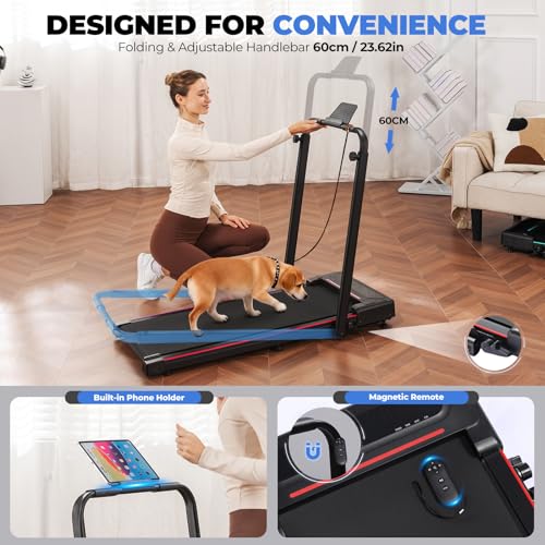 GTPLAYER Walking Pad Treadmill with Adjustable Height Handle Bar, 3HP Quiet Foldable Under Desk Treadmill, Portable Treadm...