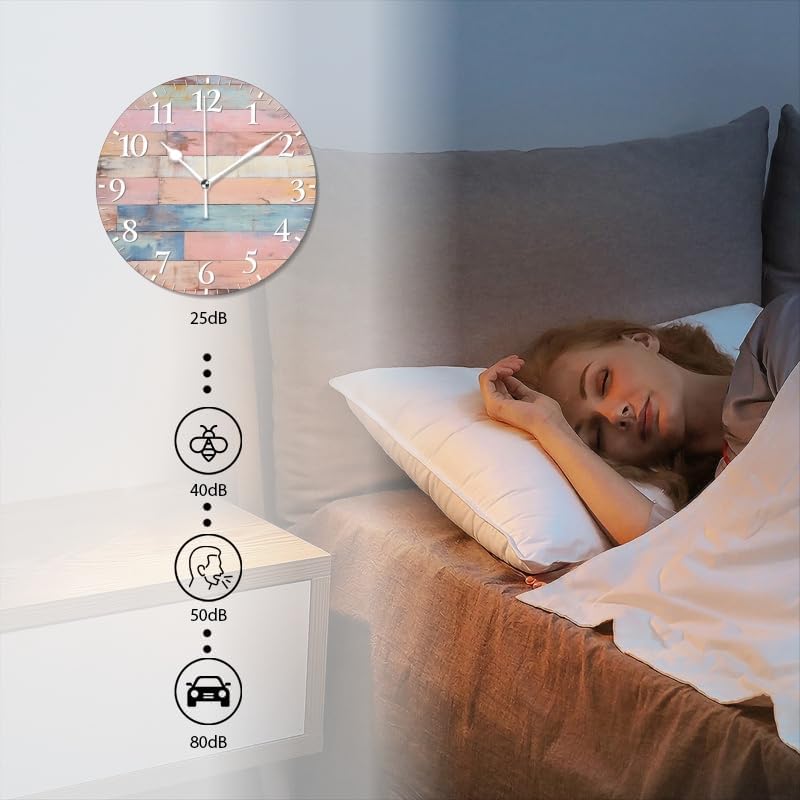 Plank Wall Clock Non-Ticking Silent Clocks Battery Operated Analog Decor Clock for Home-Colorful Pastel Pink Wooden Wall(16inch)