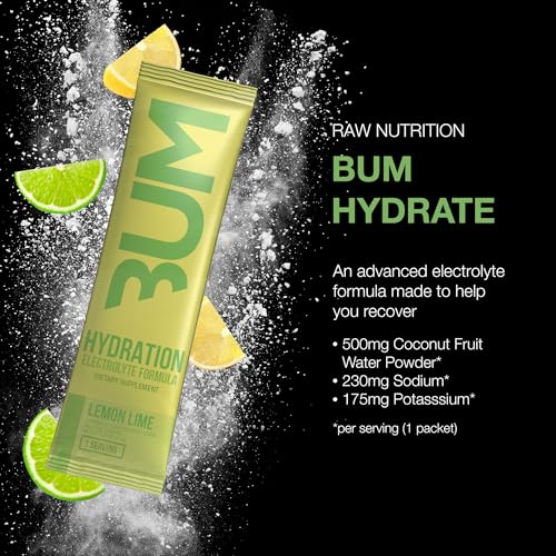 RAW Electrolytes Powder Hydration Drink Mix Packets, Bum Hydrate (Lemon Lime, 20 Servings) - Electrolyte Hydration Packets...