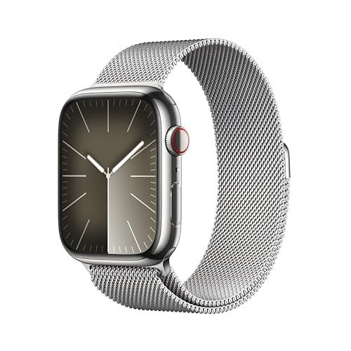 Apple Watch Series 9 [GPS + Cellular 45mm] Smartwatch with Silver Stainless Steel Case with Silver Milanese Loop. Fitness ...