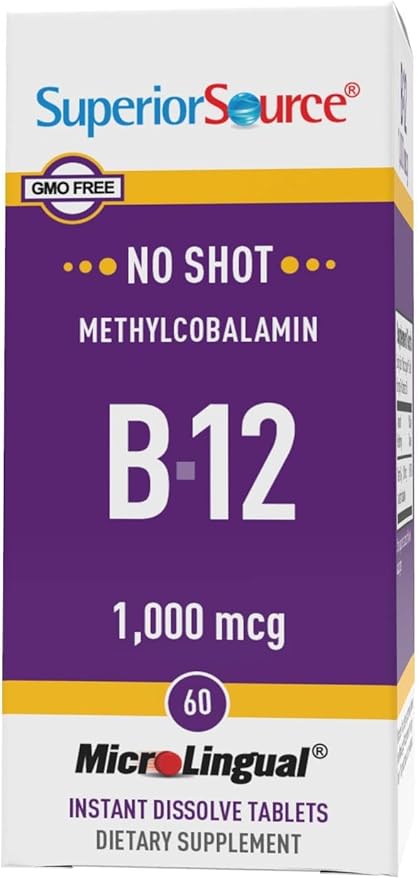 Superior Source No Shot Methylcobalamin B-12 1,000 mcg - Vitamin B-12 to Support Energy Production, Brain Health & Overall Wellness - Sublingual Tablets for Rapid Absorption - 60 Dissolving Tablets