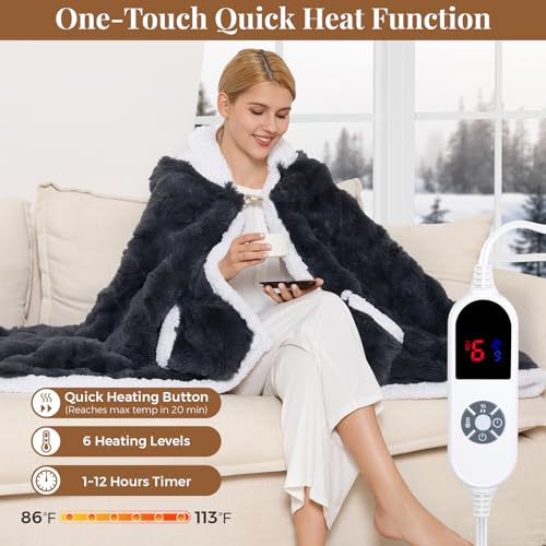 Wearable Heated Blanket Hoodie, Luxury Faux Fur & Sherpa Electric Throw Blanket, Heated Shawl Wraps Poncho with Pockets fo...