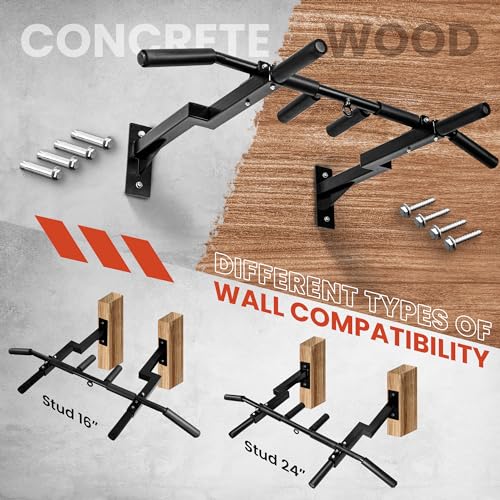 Yes4All Multi-Grip Wall Mount Pull-Up Bar, 16 Inches & 24 Inches Reversible Stud and Wall Compatibility Mounted Pull Up Ba...