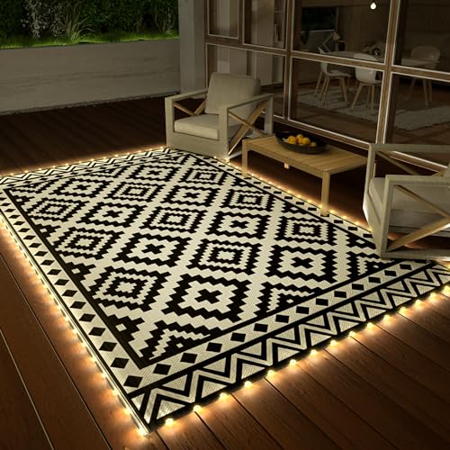 HAUSHOF 5'X8' Outdoor Rug Waterproof with LED Strip Light, Reversible Outdoor Plastic Straw Rug, Patio Rug with 4 Rug Stak...