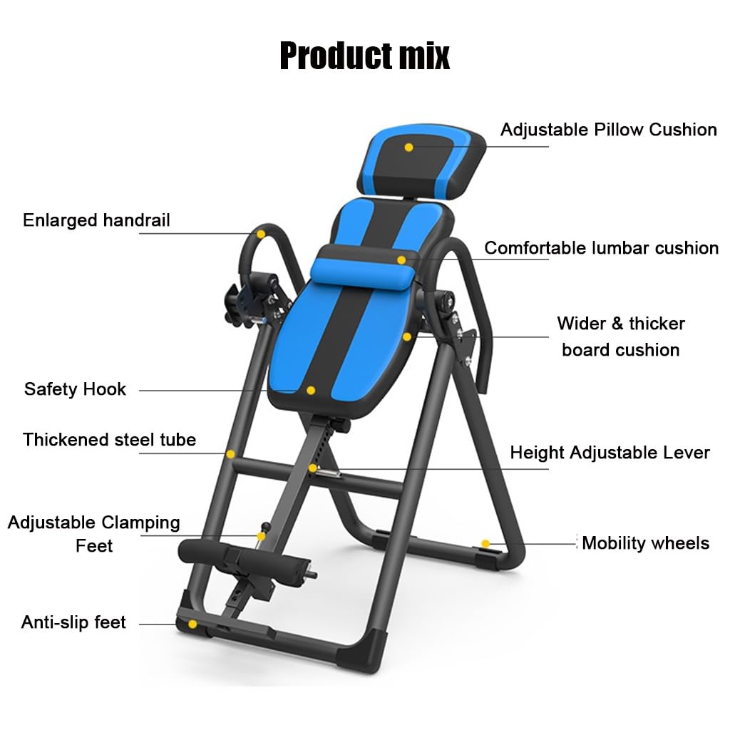 Folding heavy-duty inversion table with a capacity of 330 lbs, with removable shoulder rest and lumbar support