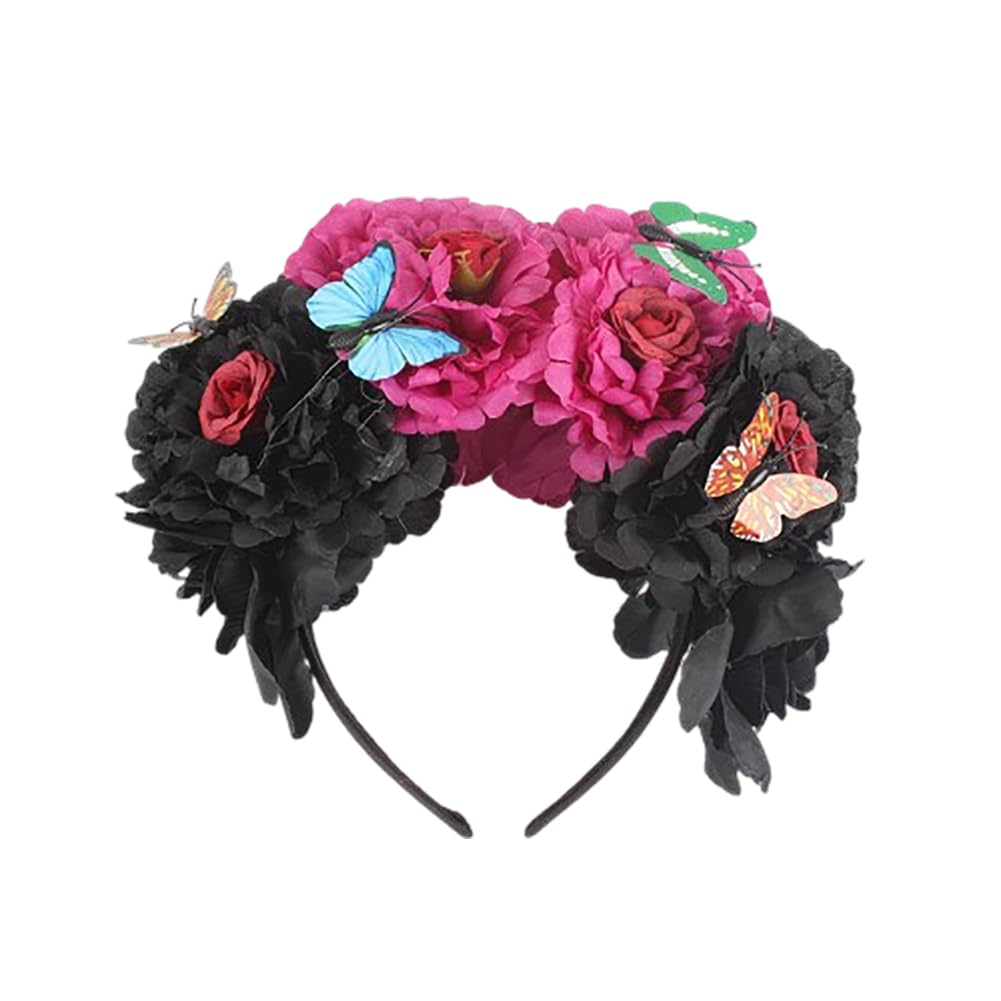 Lofruiin Women's Bohemian Rose Flower Crown Mexican Day of The Dead Headband Halloween Party Costume Headpiece (A- Black Purple,
