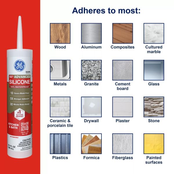 GE Advanced Silicone Caulk for Kitchen & Bathroom, White, 10 fl oz Cartridge, 1 Pack - 100% Waterproof Silicone Sealant, 5X Stronger Adhesion, Shrink & Crack Proof