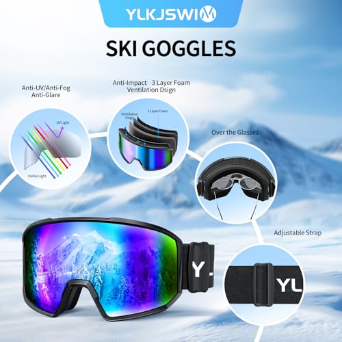 YLKJSWIM Ski Goggles for Men Women, OTG Snow Goggles, UV Protection Snowboard Goggles for Adult & Youth, Snowmobile, Sledding
